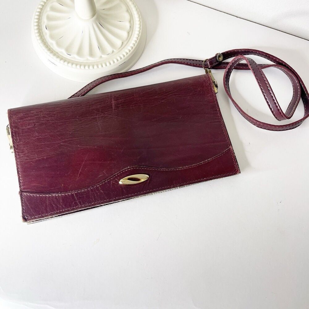 Vintage 80s Maroon Leather Crossbody Purse Foldover Clutch‎ Lined Pockets Soft